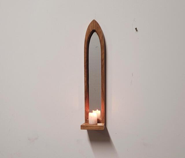 Unusual Gothic Arch Shaped Solid Wooden English Oak Wall Hanging Mirror & Shelf 49.5 cm Long Hand Made - image 1