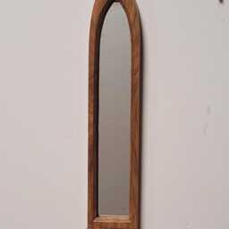 Unusual Gothic Arch Shaped Solid Wooden English Oak Wall Hanging Mirror & Shelf 49.5 cm Long Hand Made - thumbnail 4