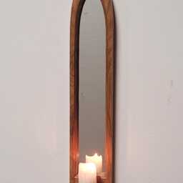 Unusual Gothic Arch Shaped Solid Wooden English Oak Wall Hanging Mirror & Shelf 49.5 cm Long Hand Made - thumbnail 3