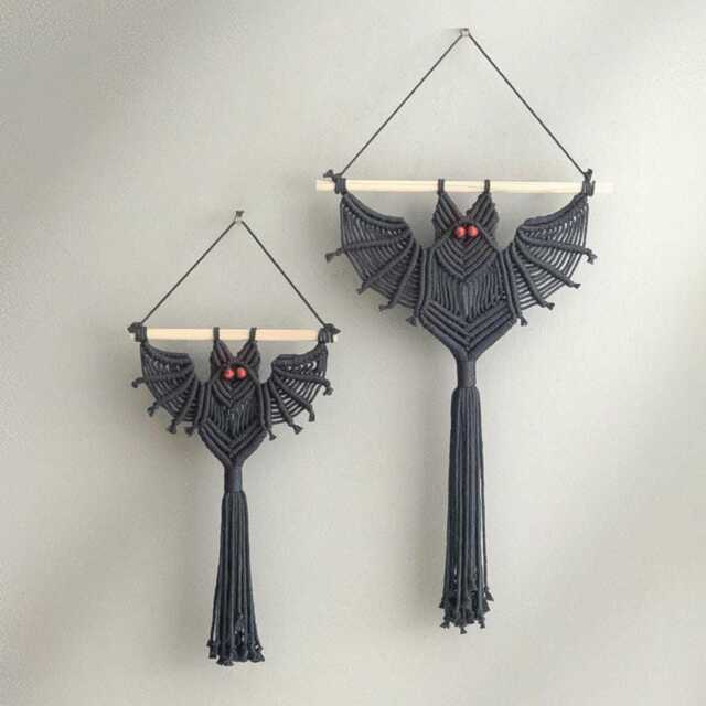 Dark Academia Macrame Bat Wall Hanging - Intellectual Gothic Halloween Decor V12 - image 1