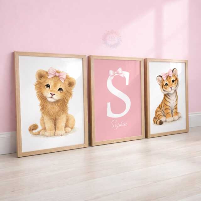 Pink Safari Nursery Print Set - Personalised Girls Animal Wall Art, Bedroom Decor, Lion Tiger - image 1