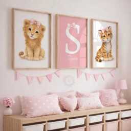 Pink Safari Nursery Print Set - Personalised Girls Animal Wall Art, Bedroom Decor, Lion Tiger - thumbnail 2