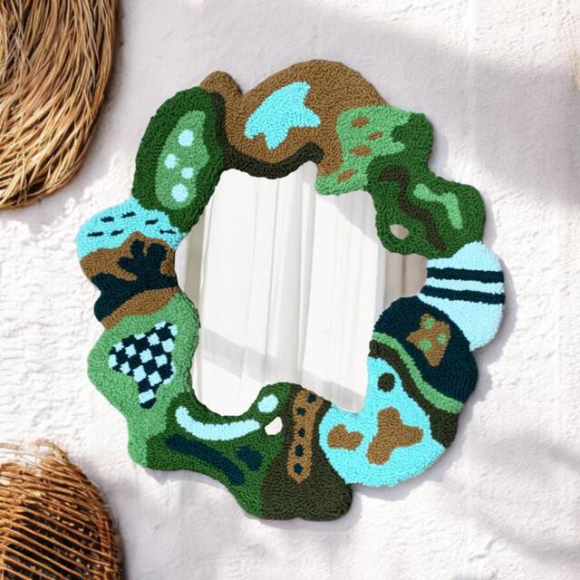 Handmade Tufted Round Mirror Modern Green Punch Needle Wall Art - image 1