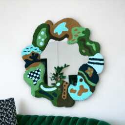 Handmade Tufted Round Mirror Modern Green Punch Needle Wall Art - thumbnail 3