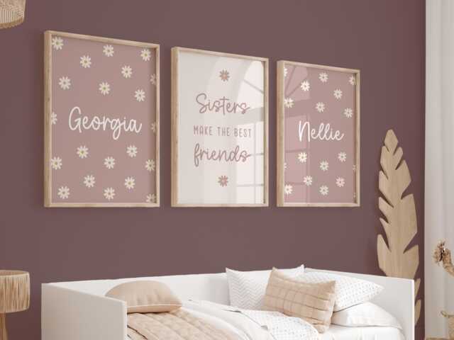 Set Of 3, Sisters Daisy Nursery Print Set Dusky Pink Flower Decor - image 1