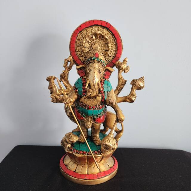 Brass Ganesha Statue Lion Idol, Good Luck God - 12 Inch - image 1