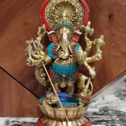 Brass Ganesha Statue Lion Idol, Good Luck God - 12 Inch - thumbnail 2
