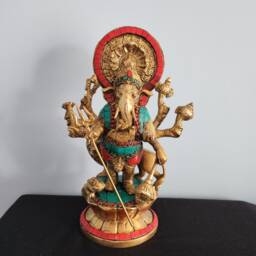 Brass Ganesha Statue Lion Idol, Good Luck God - 12 Inch