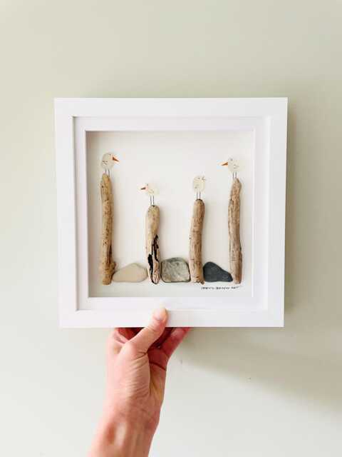 Cornish Seagull Wall Art Framed Sea Glass Picture Lover Gift Handmade in Cornwall - image 1