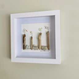 Cornish Seagull Wall Art Framed Sea Glass Picture Lover Gift Handmade in Cornwall - thumbnail 3