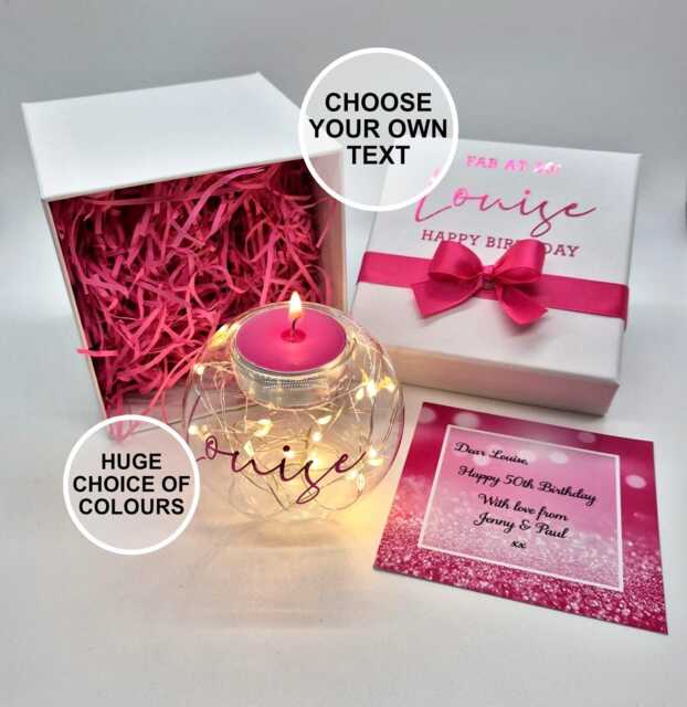 Personalised Led Light Glass Tealight Holder in Gift Box - Milestone Birthday Handmade Keepsake Candle With Message Card - image 1