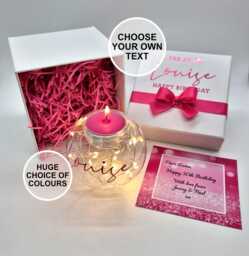 Personalised Led Light Glass Tealight Holder in Gift Box - Milestone Birthday Handmade Keepsake Candle With Message Card - thumbnail 1