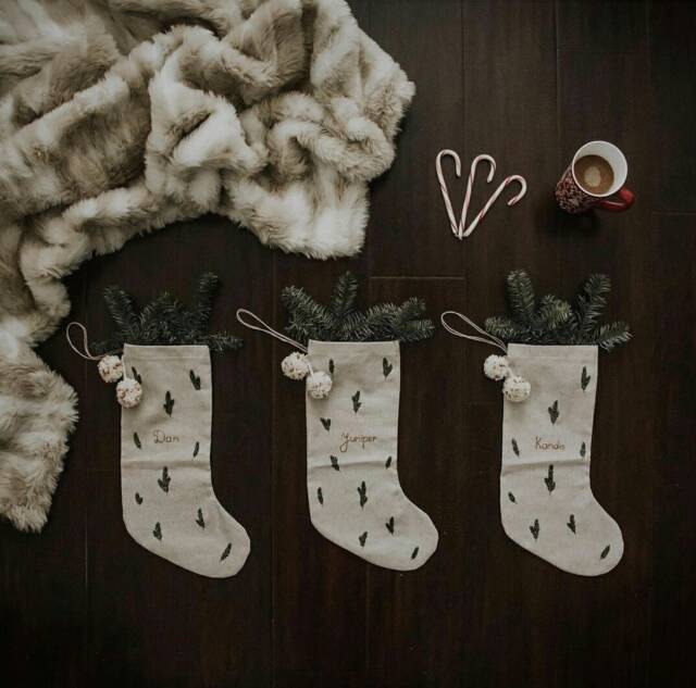 Personalized Family Christmas Santa Stocking, Custom Name Cotton Linen Hand Embroidered Stocking, Kids Stocking - image 1