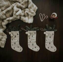 Personalized Family Christmas Santa Stocking, Custom Name Cotton Linen Hand Embroidered Stocking, Kids Stocking - thumbnail 1