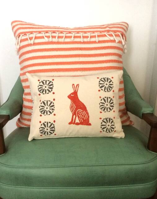 Orange Rabbit Print Kidney Pillow Mid-Century Moroccan Decor - image 1