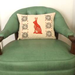 Orange Rabbit Print Kidney Pillow Mid-Century Moroccan Decor - thumbnail 2