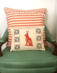 Orange Rabbit Print Kidney Pillow Mid-Century Moroccan Decor - thumbnail 1