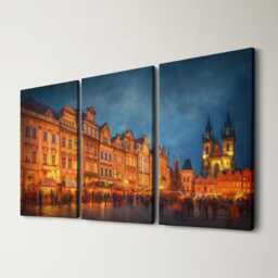 Prague Old Town 3 Panel Split Canvas Wall Art Christmas Market Lights Winter Czech Cityscape Oil Painting Framed Home Decor