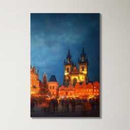 Prague Old Town 3 Panel Split Canvas Wall Art Christmas Market Lights Winter Czech Cityscape Oil Painting Framed Home Decor - thumbnail 4
