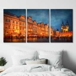 Prague Old Town 3 Panel Split Canvas Wall Art Christmas Market Lights Winter Czech Cityscape Oil Painting Framed Home Decor - thumbnail 2