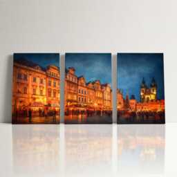 Prague Old Town 3 Panel Split Canvas Wall Art Christmas Market Lights Winter Czech Cityscape Oil Painting Framed Home Decor - thumbnail 3