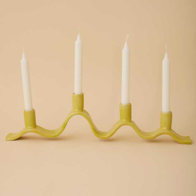 Chartreuse, Wavy Ceramic Candelabra - Handmade Candle Holder For Four Dinner Candles - image 1