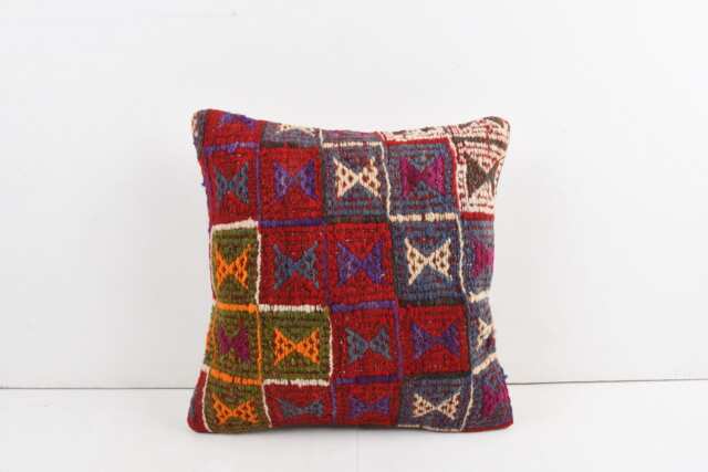 Vintage Turkish Kilim Pillow Cover Handwoven Wool Throw - 16x16 - image 1