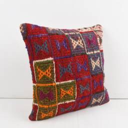 Vintage Turkish Kilim Pillow Cover Handwoven Wool Throw - 16x16 - thumbnail 2