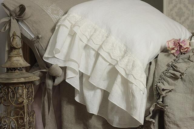 "Linen Pillowcase ""Grace' With Extra Long Ruffles & Cotton Lace. Pure Prewashed White Linen Bedding, 20x24"" 20x26"" 26x26"" 20x30"" 20x36" - image 1