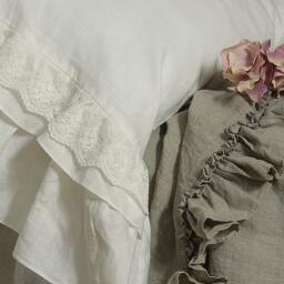 "Linen Pillowcase ""Grace' With Extra Long Ruffles & Cotton Lace. Pure Prewashed White Linen Bedding, 20x24"" 20x26"" 26x26"" 20x30"" 20x36" - thumbnail 3