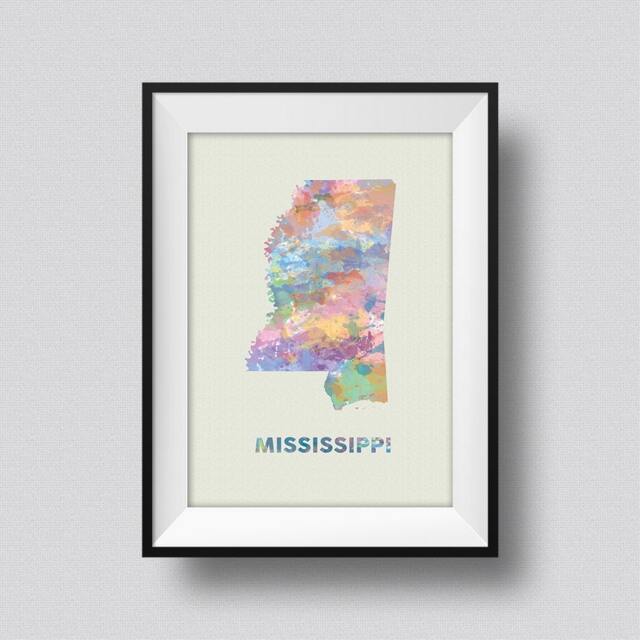 Mississippi Map Usa Watercolor Art Print Ink Splash Poster Canvas