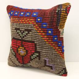 Handmade Turkish Kilim Pillow Cover, Boho Home Decor - 16x16 Inch - thumbnail 3