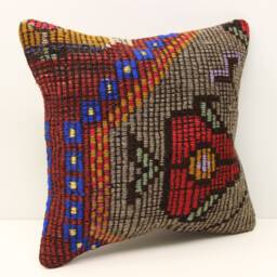 Handmade Turkish Kilim Pillow Cover, Boho Home Decor - 16x16 Inch - thumbnail 2