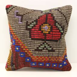 Handmade Turkish Kilim Pillow Cover, Boho Home Decor - 16x16 Inch - thumbnail 1