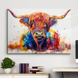 Highland Scottish Cow Painting Colouful Abstract Modern Wall Art, Framed Canvas Poster Print, Home/Office Room Decor, Gifts - thumbnail 1