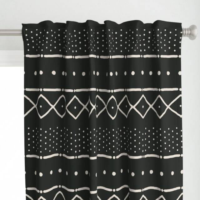 Boho Tribal Curtain Panel - African Inspired Bohemian Black & White Custom Mudcloth Bone On By Domesticate - image 1