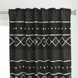 Boho Tribal Curtain Panel - African Inspired Bohemian Black & White Custom Mudcloth Bone On By Domesticate - thumbnail 1