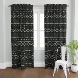 Boho Tribal Curtain Panel - African Inspired Bohemian Black & White Custom Mudcloth Bone On By Domesticate - thumbnail 2
