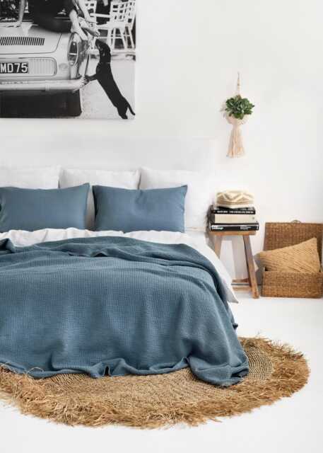 Gray Blue Waffle Linen Blanket - Soft Dusty Throw For Queen Or King Bed Cozy Bedspread Minimalist Farmhouse Interiors - image 1