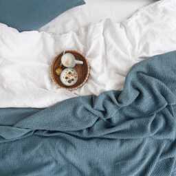 Gray Blue Waffle Linen Blanket - Soft Dusty Throw For Queen Or King Bed Cozy Bedspread Minimalist Farmhouse Interiors - thumbnail 2