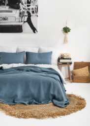 Gray Blue Waffle Linen Blanket - Soft Dusty Throw For Queen Or King Bed Cozy Bedspread Minimalist Farmhouse Interiors - thumbnail 1