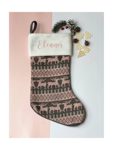 Pink & Grey Personalised Christmas Stockings. Personalised Silver Stocking. Name Santa, Reindeer, Father Christmas, Snowman Stockings Sale