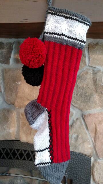 Hand Knit Christmas Stocking Red Stripes Gray Sparkle Snowflake Detail By Santa's Works - image 1