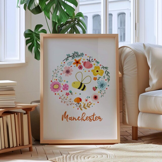 Manchester Bee Floral Wall Print, Prints, Gallery Manc Art Print - image 1