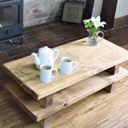Rustic Stacked Style Coffee Table, Solid Wood, Medium Oak Colour, Reclaimed Style, Farmhouse Furniture - thumbnail 2