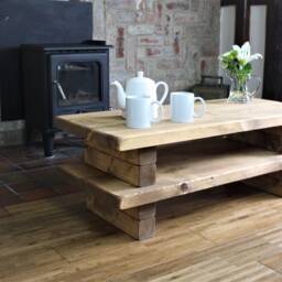 Rustic Stacked Style Coffee Table, Solid Wood, Medium Oak Colour, Reclaimed Style, Farmhouse Furniture - thumbnail 3
