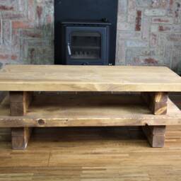 Rustic Stacked Style Coffee Table, Solid Wood, Medium Oak Colour, Reclaimed Style, Farmhouse Furniture - thumbnail 4