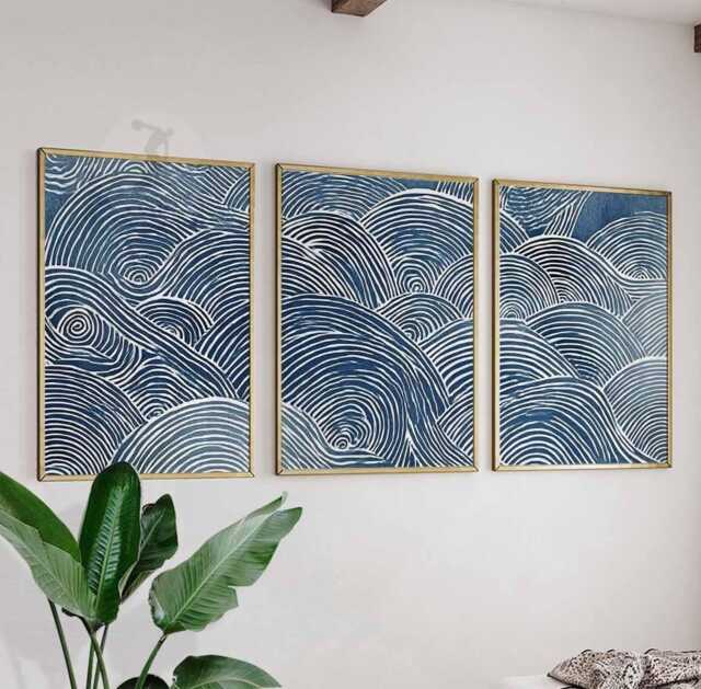 Set Of 3 Japanese Wave Wall Art Prints, Blue Ocean Line Posters, Modern Coastal Decor Inspired By Japan - image 1