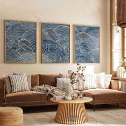 Set Of 3 Japanese Wave Wall Art Prints, Blue Ocean Line Posters, Modern Coastal Decor Inspired By Japan - thumbnail 2