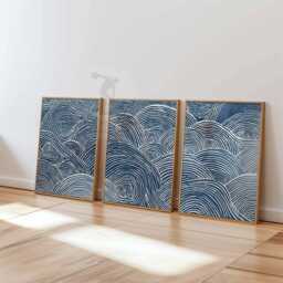 Set Of 3 Japanese Wave Wall Art Prints, Blue Ocean Line Posters, Modern Coastal Decor Inspired By Japan - thumbnail 3